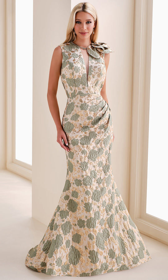 Cameron Blake CB821 - Brocade Illusion V-Neck Formal Gown