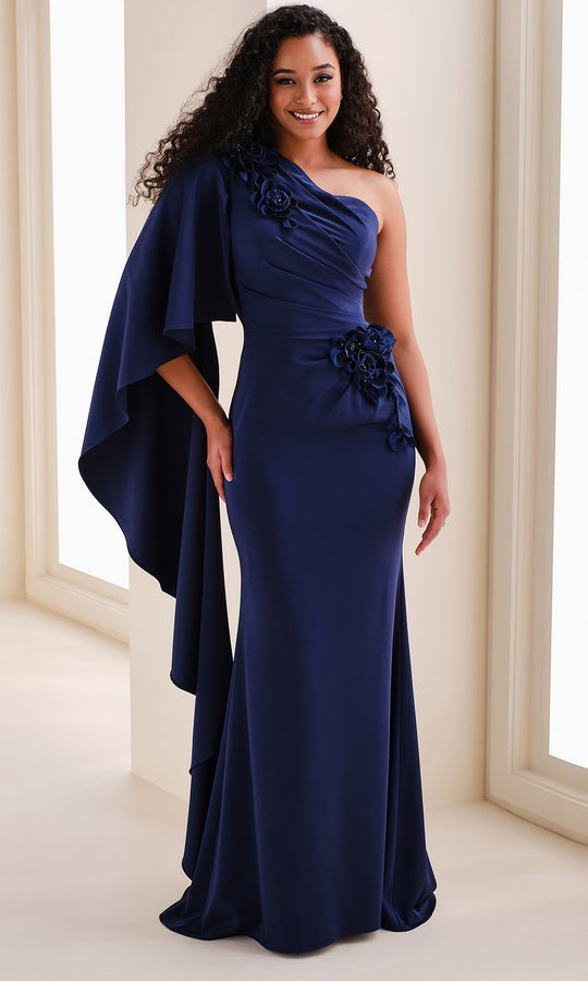 Cameron Blake CB826 - One Shoulder Cape Sleeve Crepe Gown