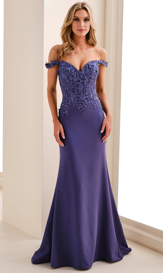 Cameron Blake CB834 - Off Shoulder Floral Embroidered Crepe Gown