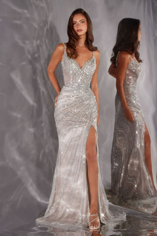 Ladivine CC498 - Sparkling Beaded Slit Sheath Prom Gown