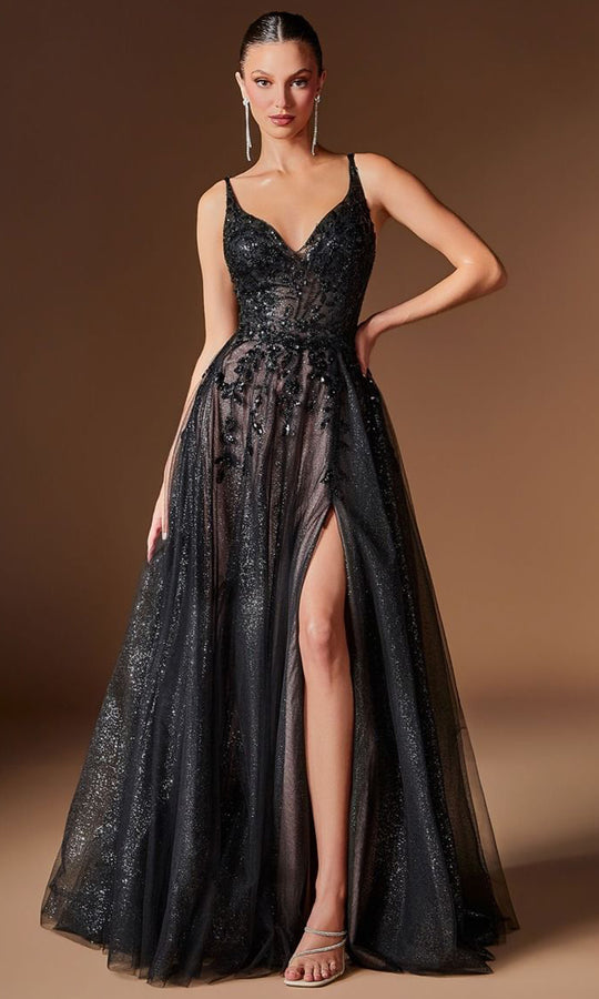 Ladivine CD2412 - Glitter Tulle Deep V-Neck Evening Dress