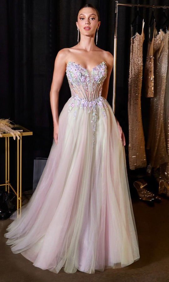 Ladivine CD2418 - Floral Applique Strapless Layered Dress