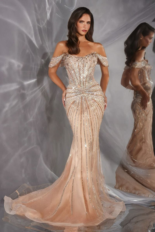 Ladivine CD654 - Crystal Scoop Off Shoulder Prom Gown