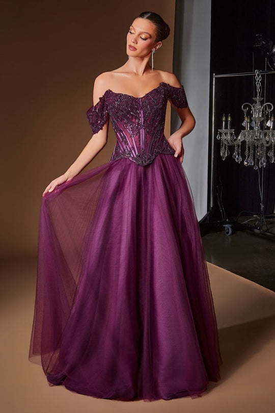 Ladivine CD657 - Embroidered Applique A-Line Tulle Prom Gown