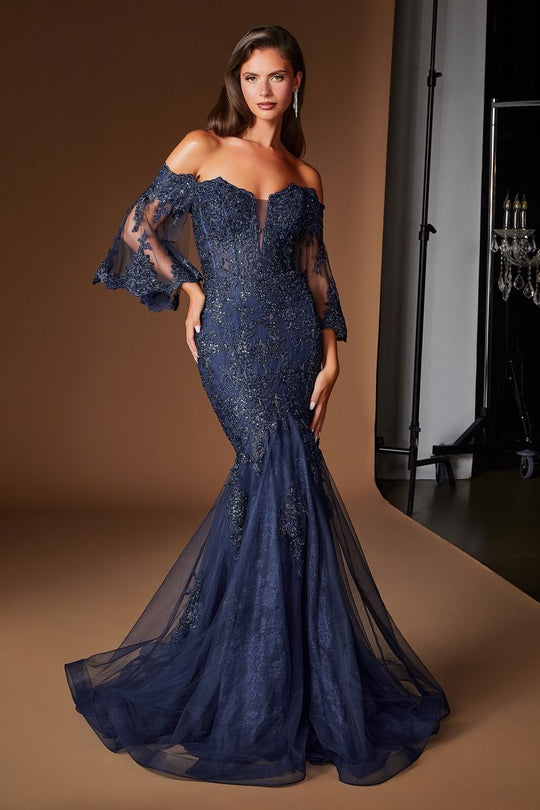 Ladivine CD659 - Bell Sleeve Embroidered Lace Prom Gown