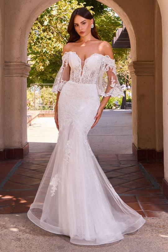Ladivine CD659W - Embroidered Lace Illusion Sleeve Bridal Gown