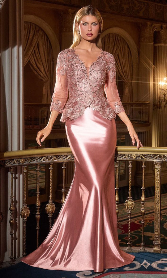 Ladivine CD720 - Peplum Waist Three-Quarter Sleeve Gown