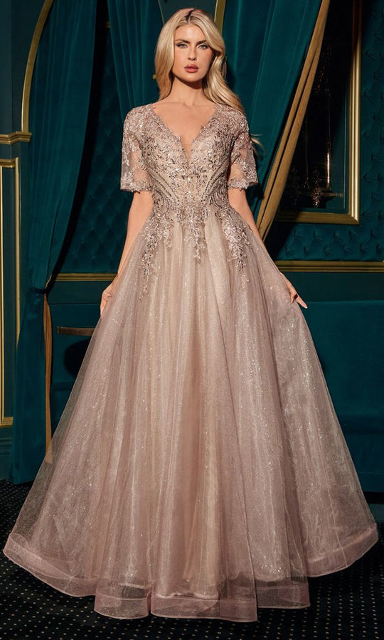 Ladivine CD726 - Short Sleeve Lace Applique Formal Gown