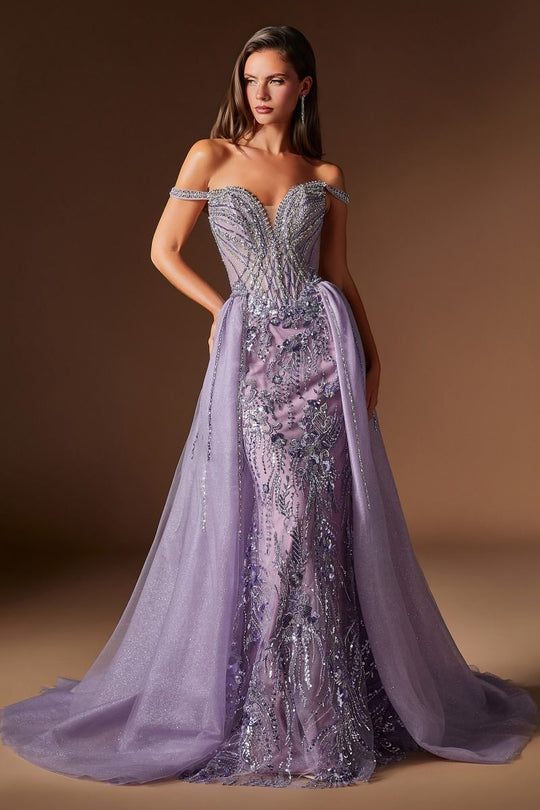 Ladivine CDS570 - Beaded Off Shoulder Overskirt Prom Gown