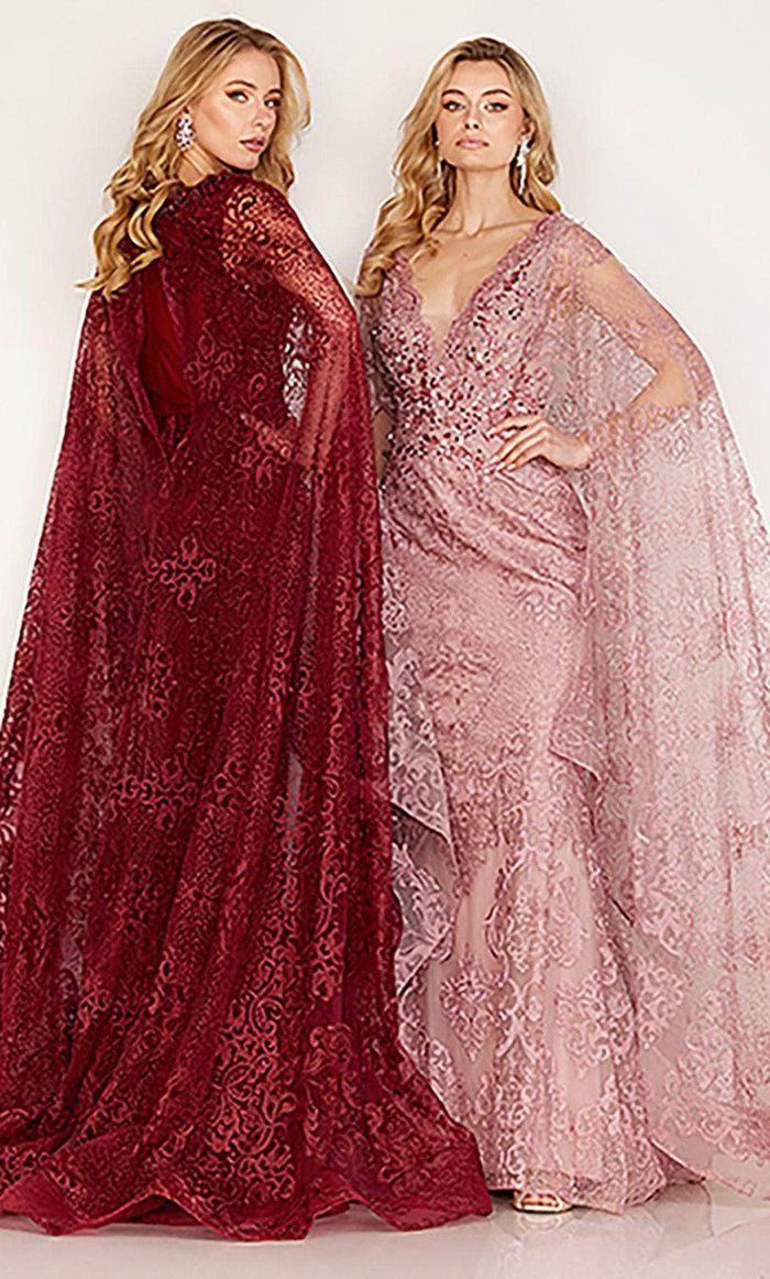 Cecilia Couture 183 - Embroidered Enchanting Cape Gown Evening Dresses 12 / Burgundy