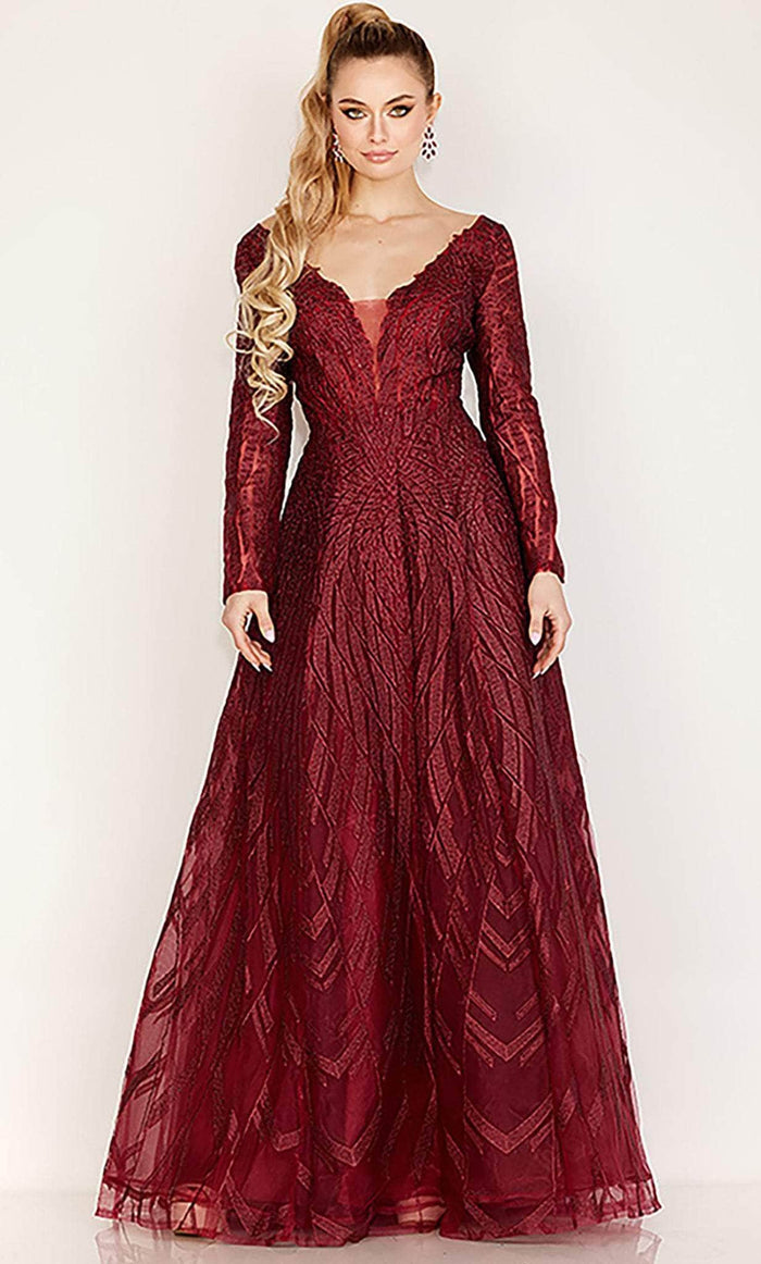 Cecilia Couture 191 - Long Sleeve Jacquard A-line Gown Winter Formals and Balls 12 / Burgundy