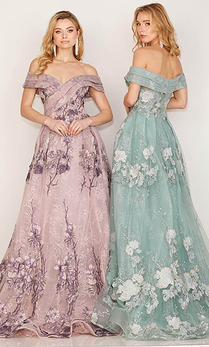 Cecilia Couture 193 - Off Shoulder Floral Lace Dress Prom Dresses 6 / Dusty Green Silver