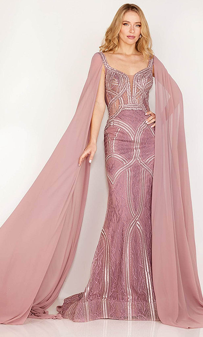 Cecilia Couture 194 - Chiffon Train Sleeve Sheath Gown Evening Dresses 14 / Rose