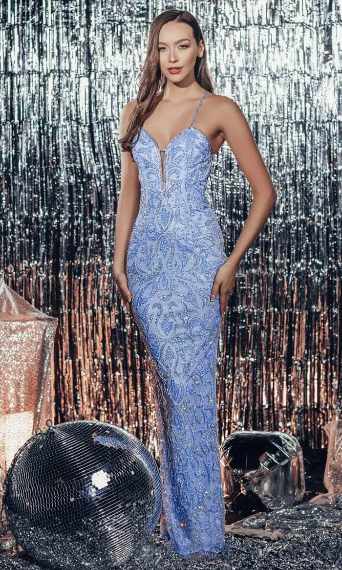 Chic and Holland AF330163 - Plunging V-Neck Sleeveless Prom Gown Prom Dresses 0 / Blue