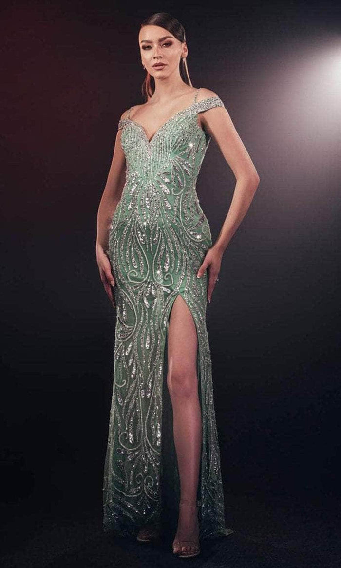 Chic and Holland AF330189 - Cold Shoulder Sequined Evening Gown Evening Dresses 0 / Green