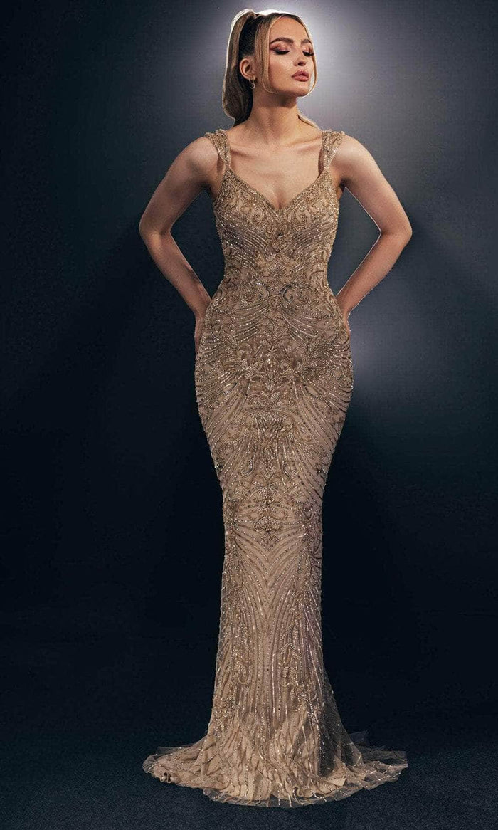 Chic and Holland HF110093 - Beaded V-Neck Evening Gown Prom Dresses 0 / Gold