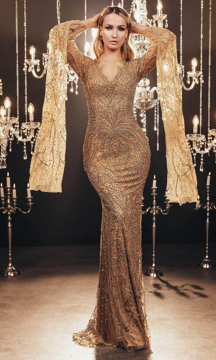 Chic and Holland HF110138 - Beaded Mermaid Evening Gown Evening Dresses 0 / Gold