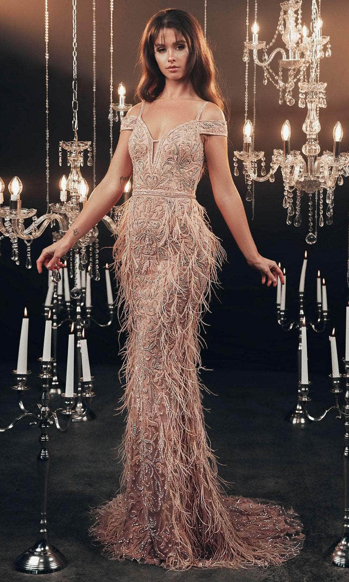 Chic and Holland HF110161 - Feathered Mermaid Evening Gown Evening Dresses 0 / Pink