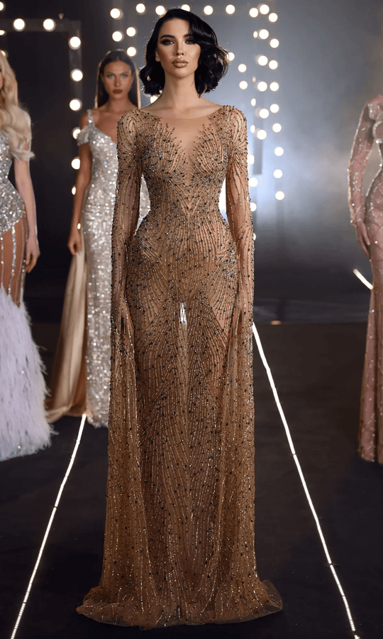 Chic and Holland HF110165 - Illusion Bateau Beaded Gown