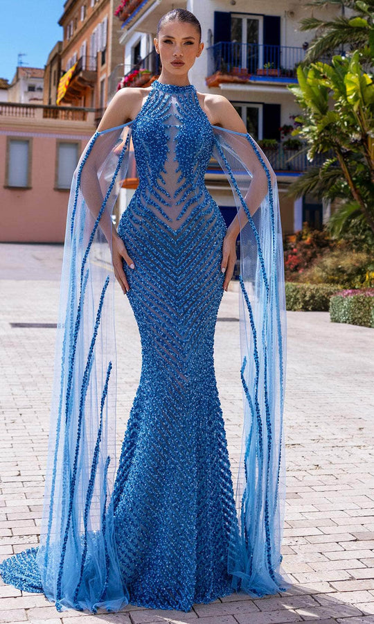 Chic and Holland HF110296 - Cold Shoulder Cape Sleeve Evening Dress