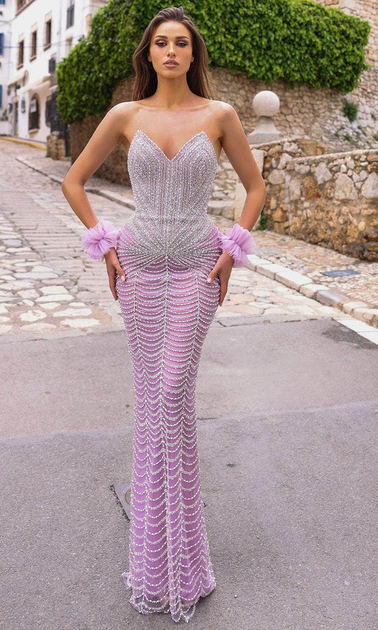 Chic and Holland HF110317 - V-Neck Beaded Ornate Evening Dress