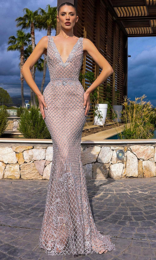 Chic and Holland HF110331 - Beaded Lattice V-Neck Evening Dress