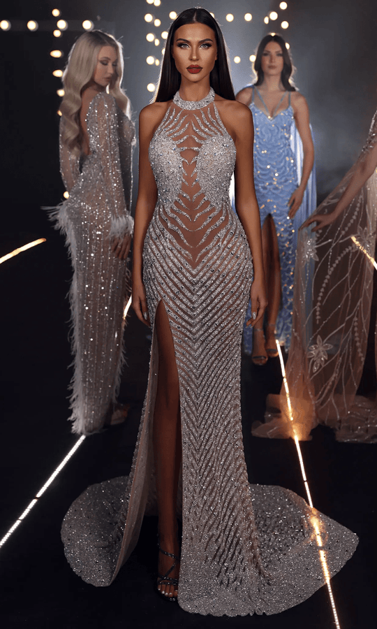 Chic and Holland HF110333 - Illusion Halter Beaded Evening Gown