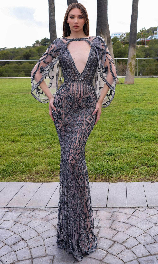gunmetal evening dress Metallic Gunmetal Feathered Mermaid Gown Evening Dress 065 VALDRIN SAHITI