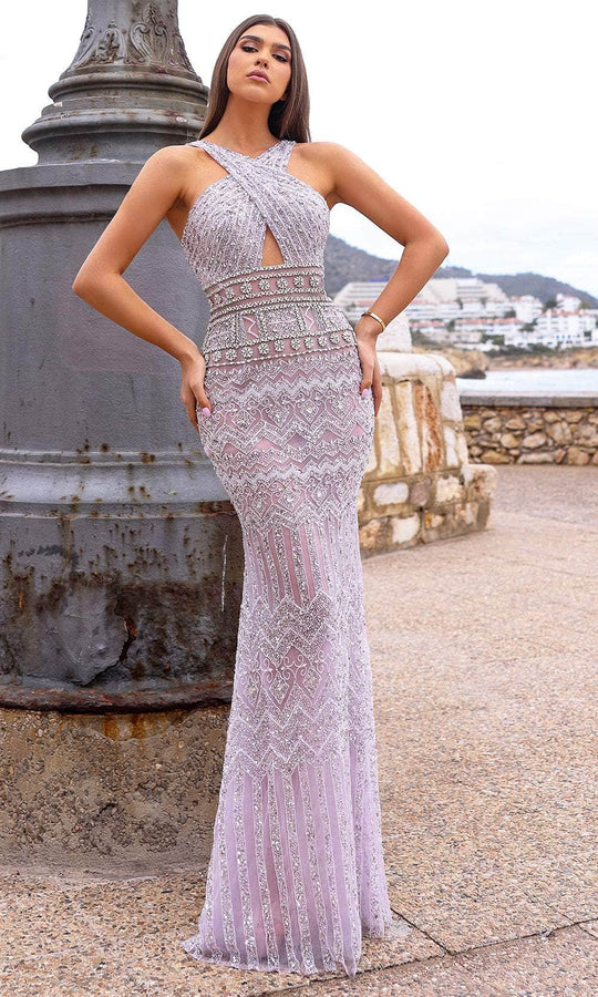 Chic and Holland HF110366 - Crisscross Halter Beaded Evening Dress