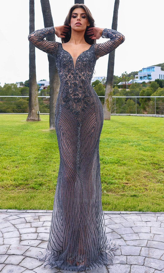 Chic and Holland HF110397 - Illusion Bodice Long Sleeve Evening Dress