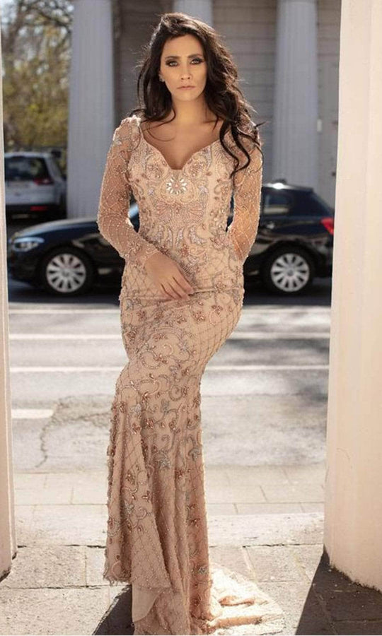 Chic and Holland HF1607 - Beaded Long Sleeve Prom Gown