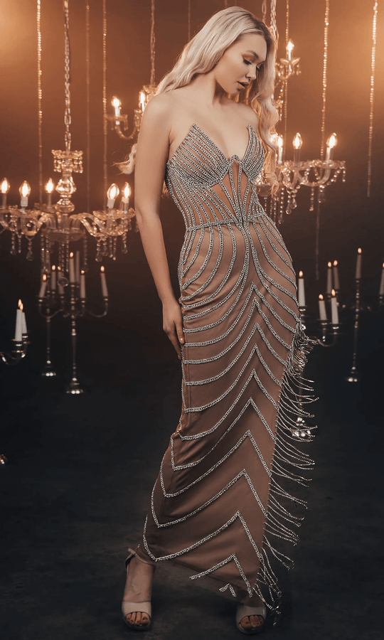 Chic and Holland ZRH440014 - Strapless Bead Fringed Gown