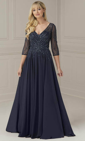 Quarter Sleeve Beaded Evening Dress
