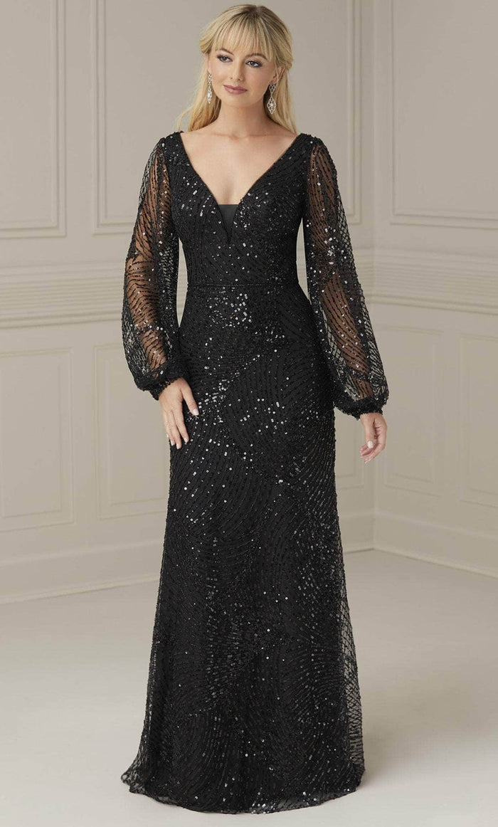 Christina Wu Elegance 17114 - Bishop Sleeve Sequin Evening Dress Evening Dresses 2 / Black