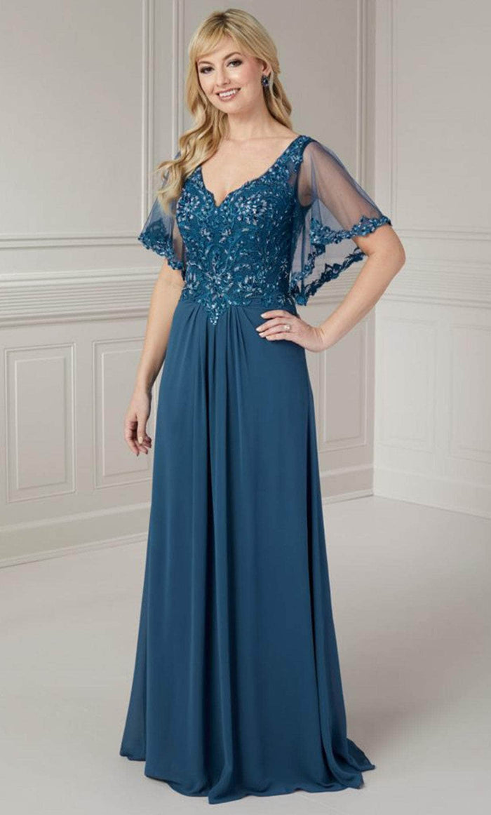 Christina Wu Elegance 17128 - Illusion Sleeve A-Line Evening Gown Mother of the Bride Dresses 2 / Sapphire