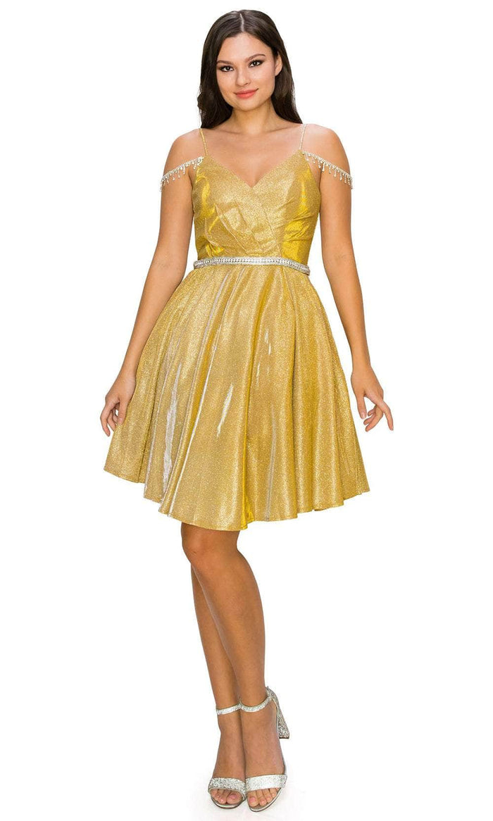 Cinderella Couture 8014J - Glittered Cold Shoulder Cocktail Dress Special Occasion Dress XS / Gold