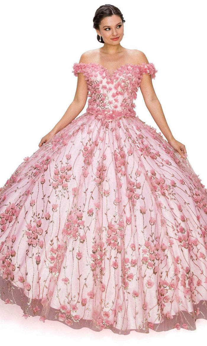 Cinderella Couture 8021J - Off-Shoulder 3D Floral Embellished Ballgown Special Occasion Dress XS / Dusty Rose