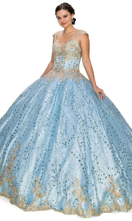 Cinderella Couture 8024J - V-Neck Gold Embroidered Ballgown