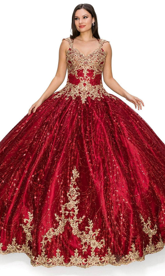 Cinderella Couture 8024J - V-Neck Gold Embroidered Ballgown