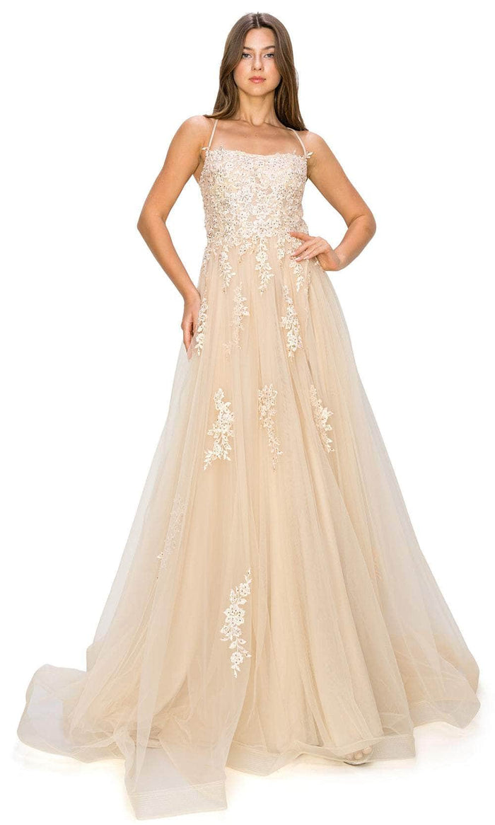 Cinderella Couture 8031J - Floral Embroidered Tulle Prom Gown Special Occasion Dress XS / Champagne