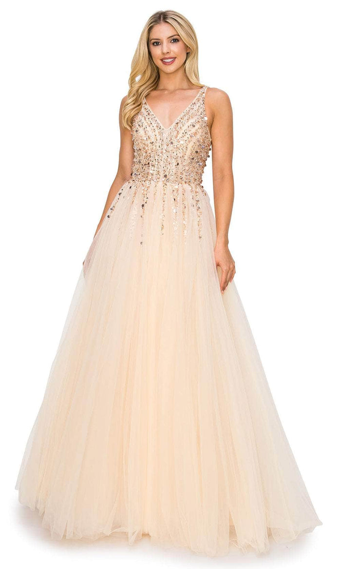 Cinderella Couture 8034J - Sequined Lace V-Neck Prom Gown Special Occasion Dress XS / Champagne