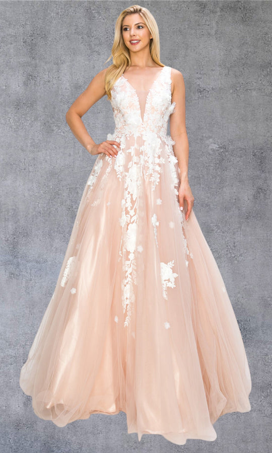 Cinderella Couture 8040J - Plunging V-Neck Applique Layered Gown