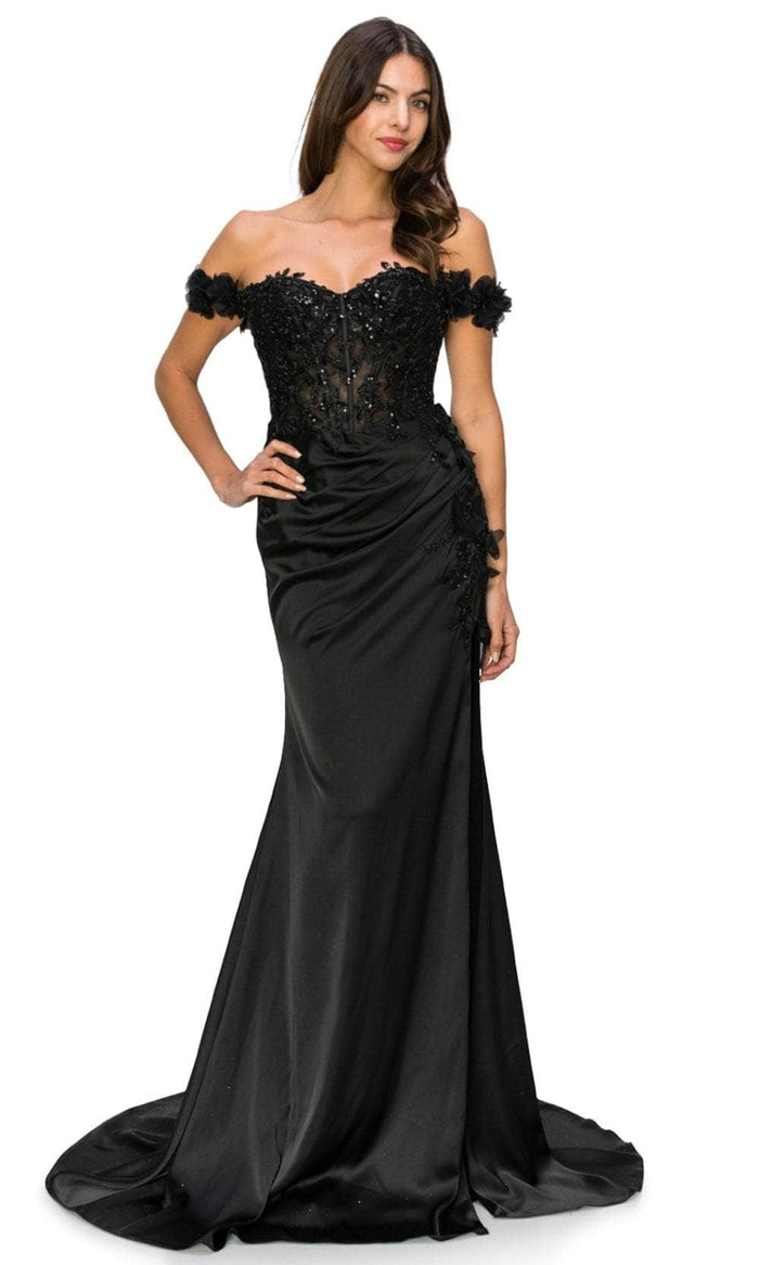Cinderella Couture 8050J - Floral Appliqued Sweetheart Prom Gown Special Occasion Dress XS / Black