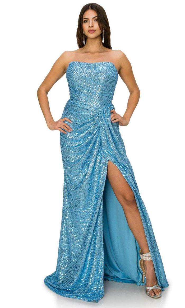 Cinderella Couture 8052J - Ruched Allover Sequin Prom Gown Special Occasion Dress XS / Blue
