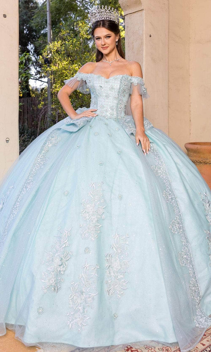Cinderella Couture 8055J - Off-Shoulder Fitted Embroidered Ballgown Special Occasion Dress XS / Blue