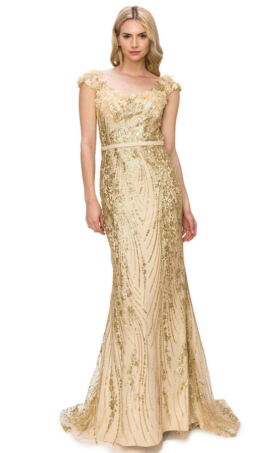 Cinderella Couture 8057J - Scoop Glitter Floral Appliqued Prom Gown