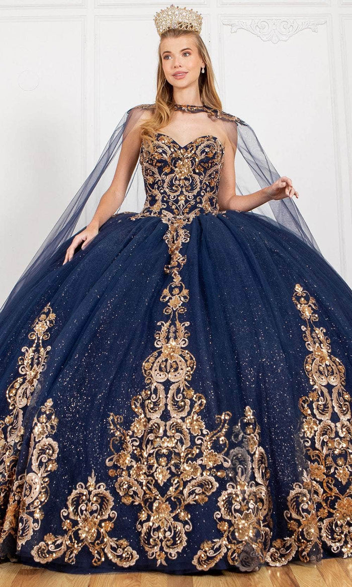 Cinderella Couture 8063J - Floral Applique Sweetheart Ballgown Ball Gowns XS / Navy