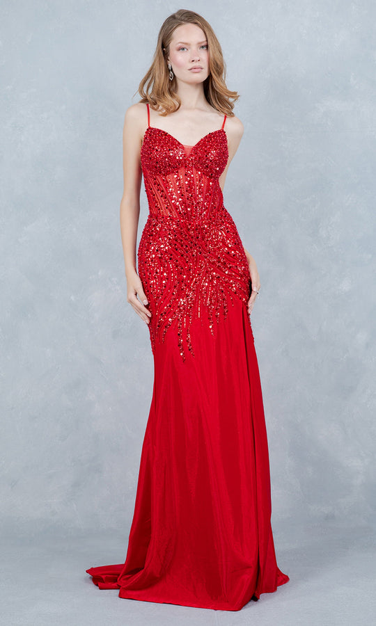 Cinderella Couture 8329J - Satin Fitted High Slit Gown with Sequins