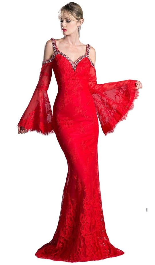Cinderella Divine 13112 - Embellished Lace Long Bell Sleeve Sheath Dress