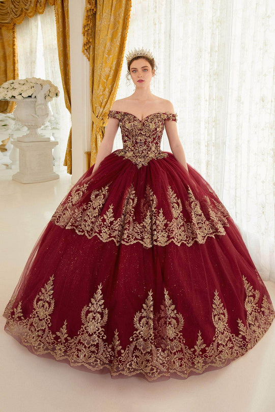 Cinderella Divine 15705 - Gold Lace Applique Off-Shoulder Ballgown